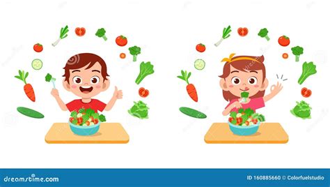 Cute Happy Kids Eat Salad Vegetable Fruits Stock Vector Illustration