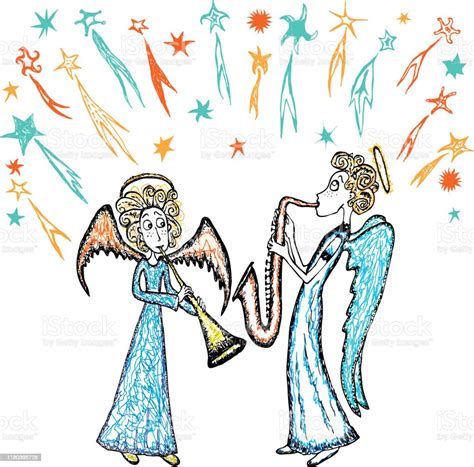 Sketch Of Angels Couple Playing On Trumpets Stock Illustration