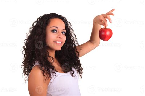 Young Woman Holding Apple Isolated Over White 1253952 Stock Photo At