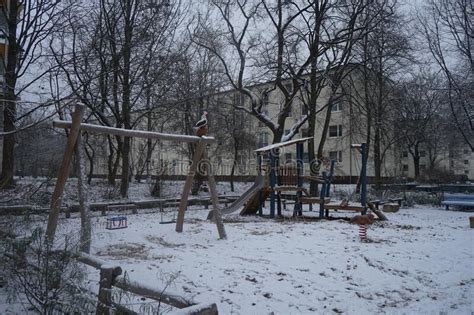 Children S Playground Under The Snow In December Berlin Germany Stock