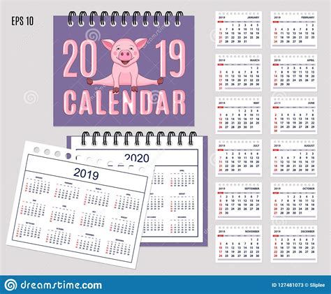 Spiral Desk Calendar Year 2019 2020 With Pink Piggy Stock Vector