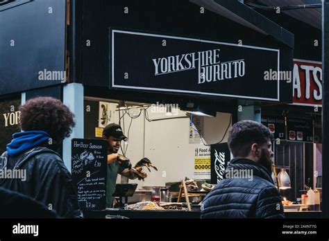 London Uk November 26 2019 Staff Cooking Food At A Yorkshire Burrito Stall Inside Camden