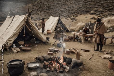 Nomadic Tribe Setting Up Camp With Tents Fire And Cooking Pots