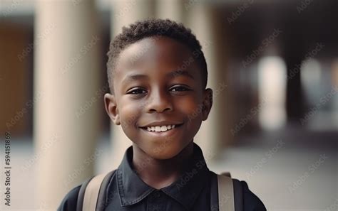Dark Skinned Black African American Boy Smiling Portrait At School