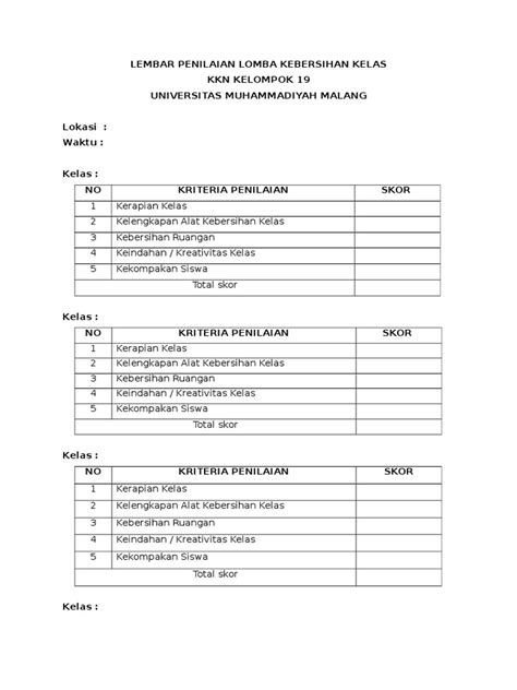 Contoh Format Penilaian Lomba Kebersihan Kelas Riset Cloud Hot Girl