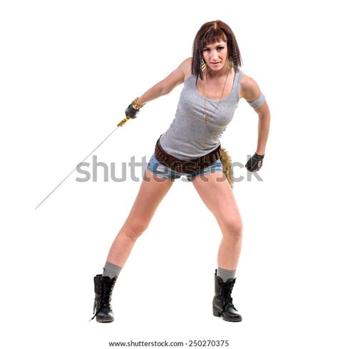 Young Warrior Woman Holding Sword Isolated Stock Photo 250270375