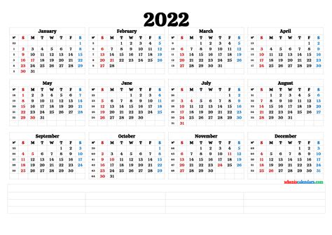 2022 Printable Yearly Calendar With Week Numbers 6 Templates