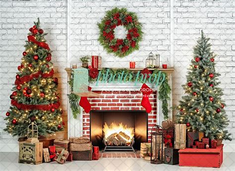 Christmas Fireplace Mantle Photography Backdrop Winter Holiday