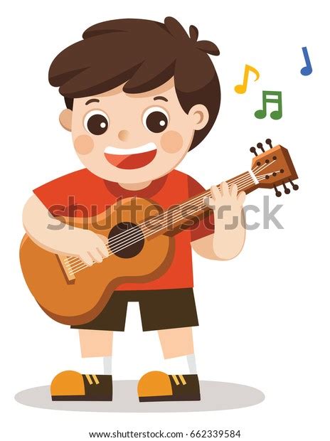 Cheerful Boy Playing Guitar Singing Happily Vector De Stock Libre De