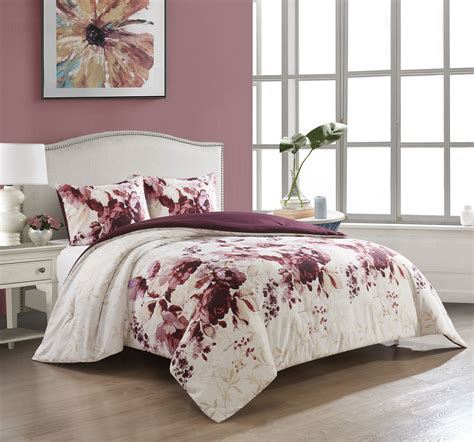 Lanco Avril Floral 3 Piece Reversible Comforter Set King Burgundy