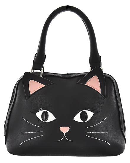 Black Leatherette Animal Cat Face Satchel Handbag Bags Patent