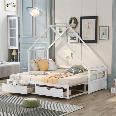 GODEER White Twin Extending Daybed With Two Drawers Wooden House Bed With Drawers
