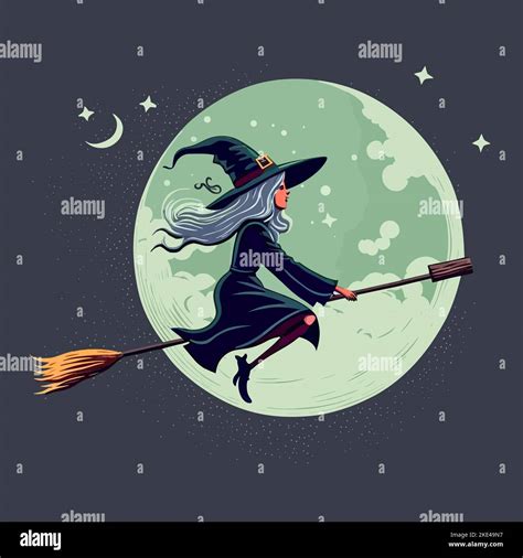 A Colourful Illustration Of A Witch Riding On Her Broom Through A Full