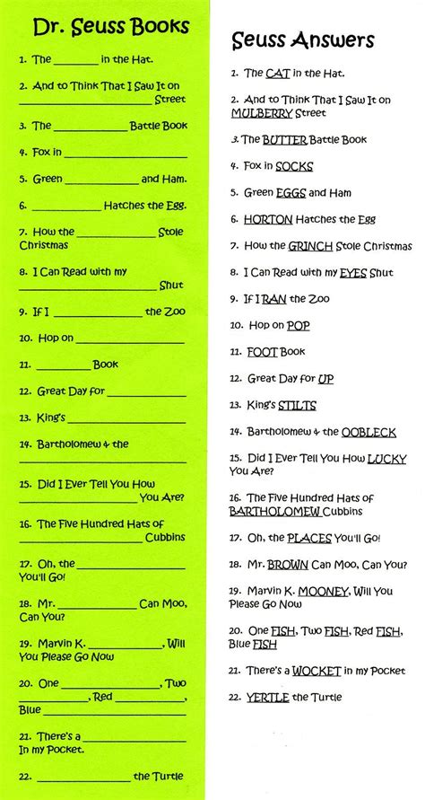 Dr Seuss Trivia Questions And Answers Printable