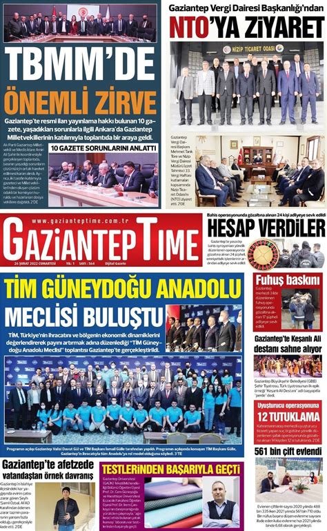 26 Şubat 2022 tarihli Gaziantep Time Gazete Manşetleri