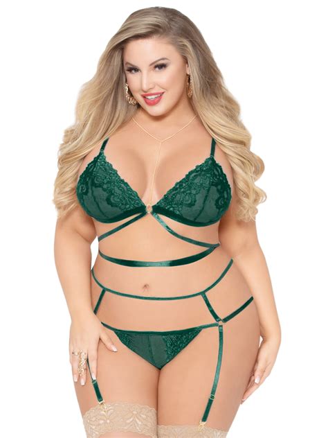Womens Sexy Lingerie Plus Size Lace Ribbon Strappy Emerald Bra Set