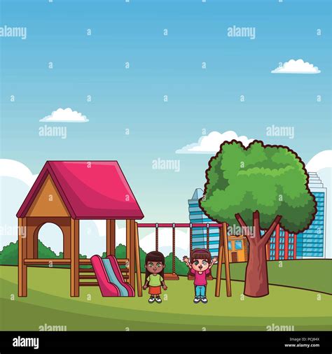 Niños Jugando En El Parque Dibujos Animados Imagen Vector De Stock Alamy