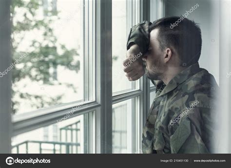 Depressed Sad Soldier Green Uniform Trauma War Standing Window — Stock