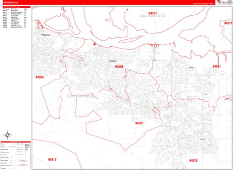 Antioch California Zip Code Wall Map Red Line Style By Marketmaps Mapsales