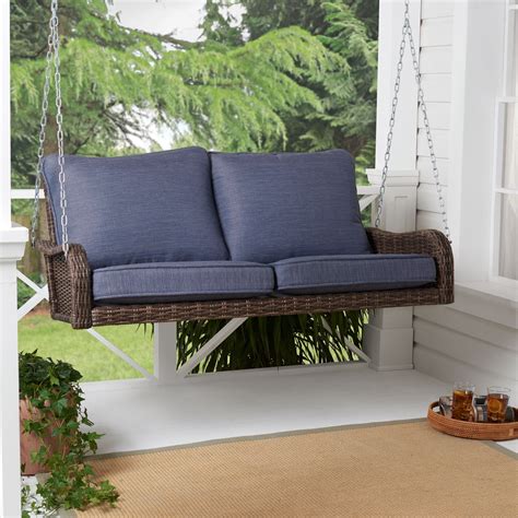 Better Homes And Gardens Brookhaven Outdoor Wicker Porch Swing With Blue