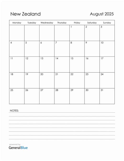 August 2025 New Zealand Calendar With Holidays