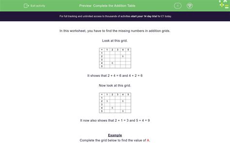 Complete The Addition Table Worksheet Edplace