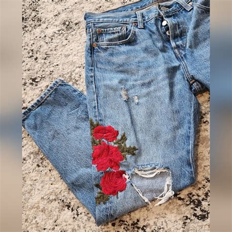 Levis Jeans Levis 5 Floral Embroidered Distressed Cropped Taper