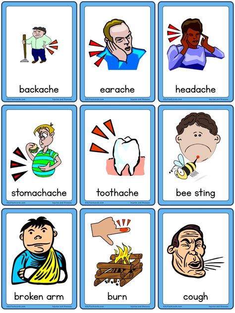Illnesses Vocabulary Flashcards Injuries And Illnesses Esl Flashcards