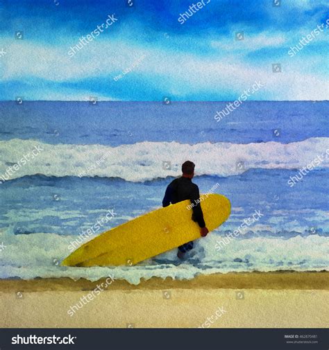 Watercolor Painting Surfer On Beach Stock Illustration 462870481