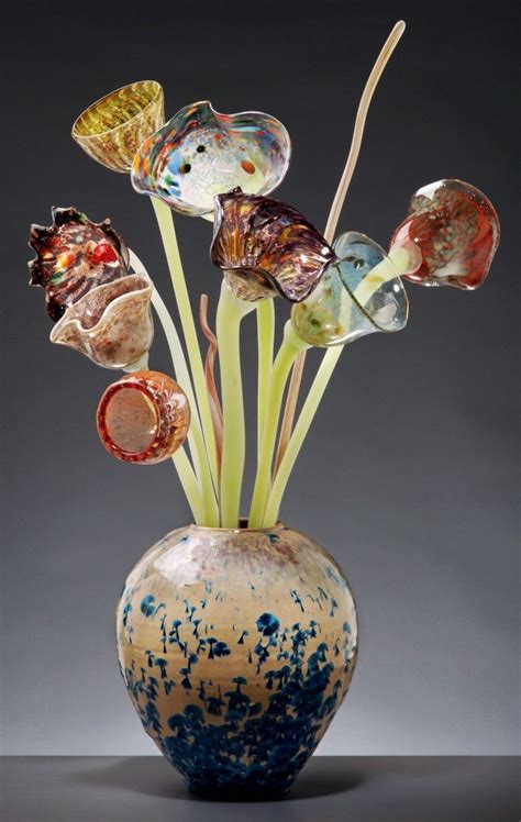 Hand Crafted Glass Flowers Arrangement In Crystal Glaze Vase By Jon Oakes Ceramics And Glass