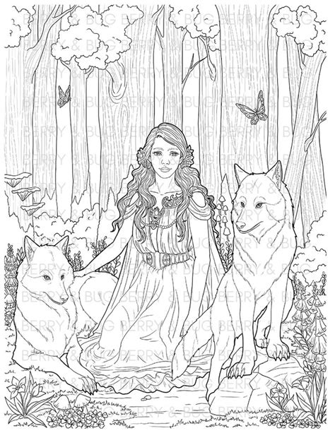 Wolves Woman Coloring Page Printable Adult Coloring Page Etsy