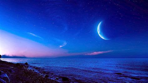 Moonlit Moonlight Night Sky Stars Seascape Horizon Half Moon Hd