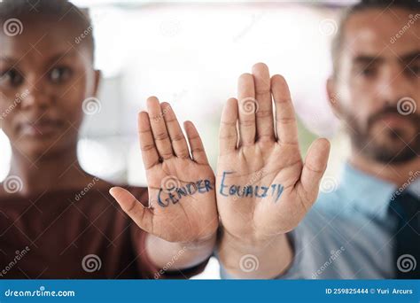 Hands Gender Equality And Unity With A Sign Message On The Hand Of A
