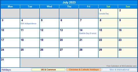 July 2023 Uk Calendar With Holidays For Printing Image Format
