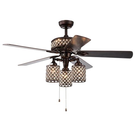 Pristil 5 Blade 52 Inch Rustic Bronze Lighted Ceiling Fans With Crystal