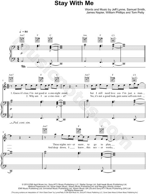 Sam Smith Stay With Me Sheet Music In C Major Transposable
