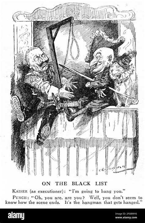 engraving of mr punch taunting the german executioner during world war one from punch magazine