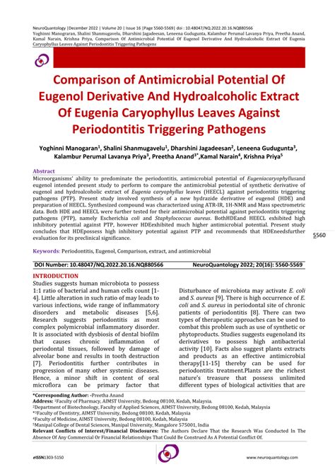 Pdf Comparison Of Antimicrobial Potential Of Eugenol Derivative And