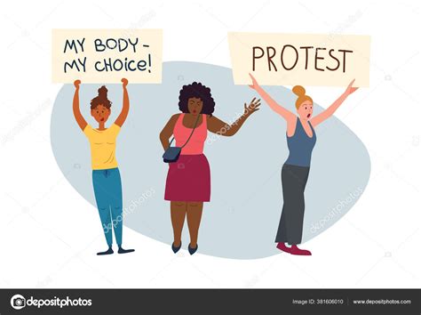 The Group Of Different Ethnic Women Protesting And Holding The Placards And Banners With Various