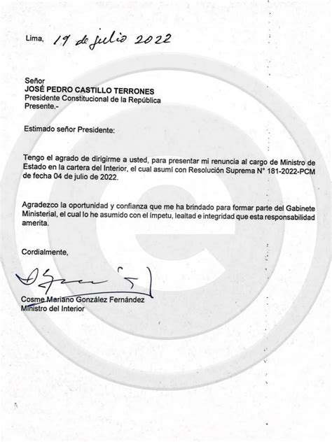 Exministro Del Interior Mariano González Habría Firmado Carta De Renuncia Por Adelantado Infobae