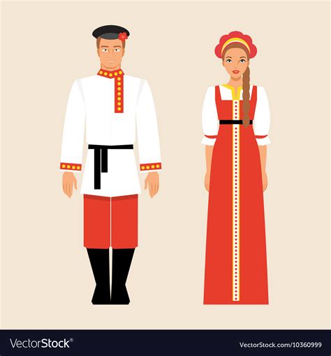 Russian Men And Women In National Costumes Vector Image