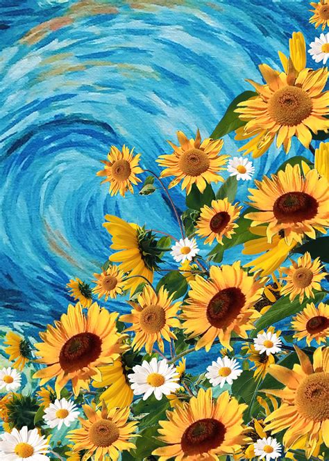 Sunflower Dream Starry Night Wallpaper Yellow Painting Art Wallpaper