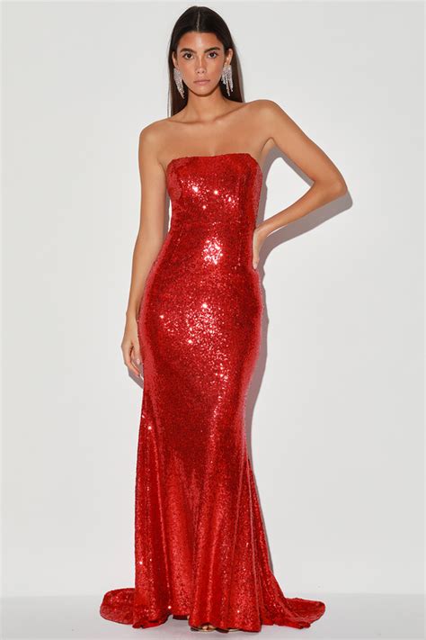 Red Strapless Dress Glam Sequin Maxi Gown Mermaid Maxi Dress Lulus