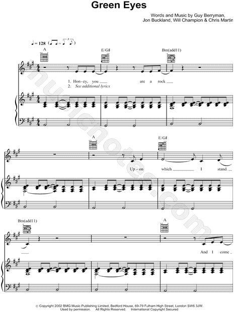 Coldplay Green Eyes Sheet Music In A Major Transposable Download