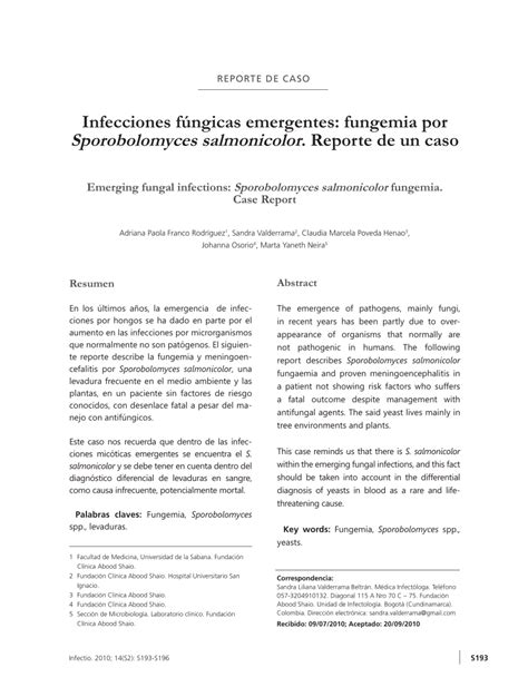 Pdf Emerging Fungal Infections Sporobolomyces Salmonicolor Fungemia