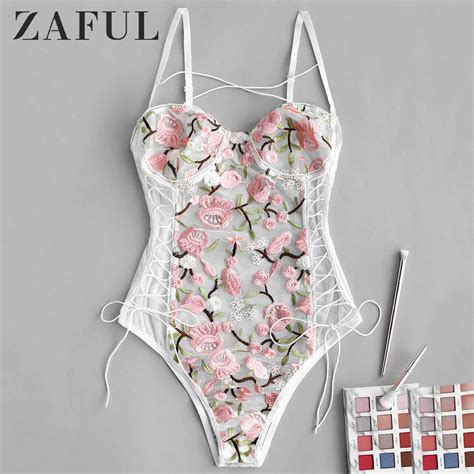 Zaful Sexy Women Bodysuits Floral Embroidered Lace Up Romper Spaghetti Strap Summer Playsuits
