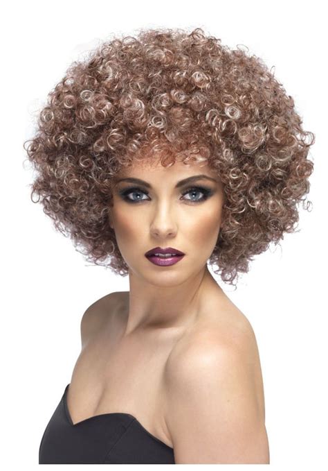 Womens 70s Natural Afro Wig Curly Brown Pop Star Disco Fancy Dress Tina Fever Permed