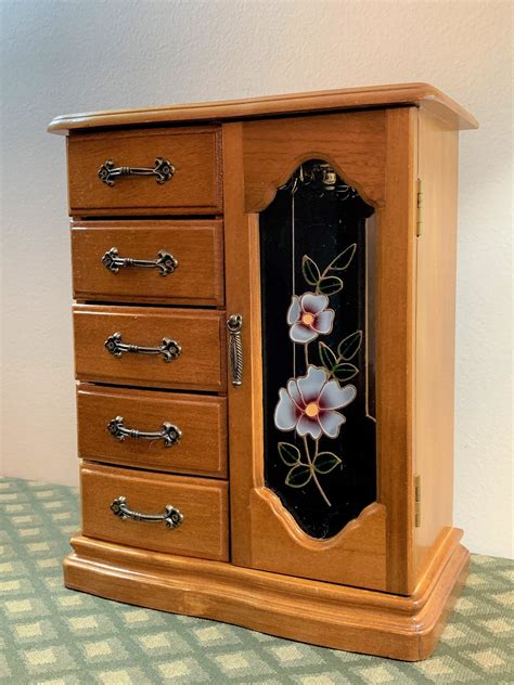 Vintage Hand Made Small Armoire Jewelry Cabinet Box Storage Chest Stand