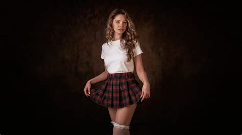 dark background parted lips looking at viewer plaid skirt t shirt brown 4k stockings