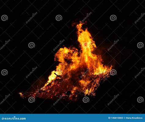 Large Bonfire Burning And Glowing With Soft Flames Sparkles Flying